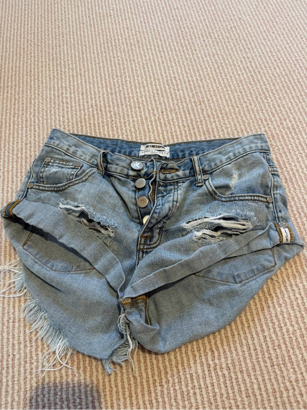 One Teaspoon Light Blue Distressed Button-Front Jean Shorts